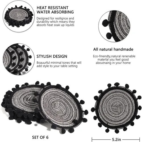 Vista 4 de Juego de 6 posavasos tejidos de algodón, accesorios de decoración de escritorio, posavasos de mesa para barra de café, 5.2 pulgadas