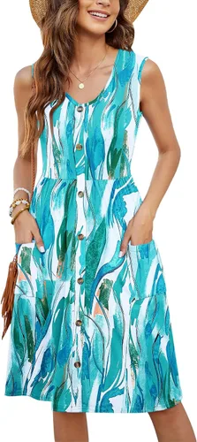 Vista 50 de MOLERANI Vestido de verano para mujer, sin mangas, estilo casual, suelto, con vuelo, botones, midi, con bolsillos 01-beja Blue