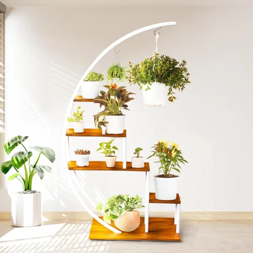 Vista 10 de IDZO - Estantería de metal en forma de media luna para plantas, estantes múltiples para interiores, marrón oscuro, ideal para la decoración