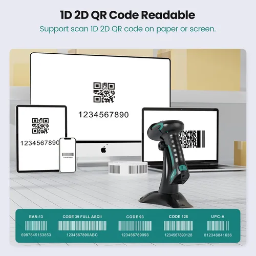 Vista 4 de Escáner de código de barras inalámbrico con soporte, escáner de código de barras industrial 1D 2D QR Bluetooth para Android, iOS, Windows, Mac