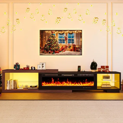 Vista 3 de Soporte de TV extensible con chimenea eléctrica de 71 a 116 pulgadas, moderno centro de entretenimiento con luces LED y toma de corriente para TV