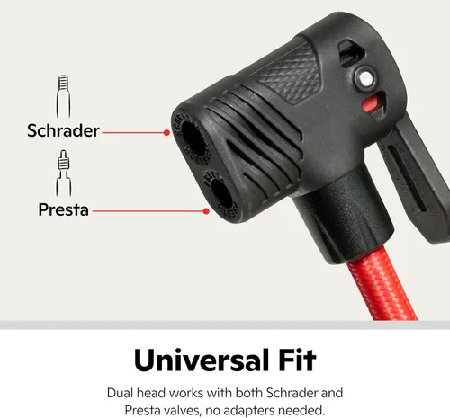 Vista 23 de Schwinn Serie Air Center o bomba de piso básica, para una gama de bicicletas, 100, 120 o 160 PSI, mango de agarre suave, cabezal doble para válvulas