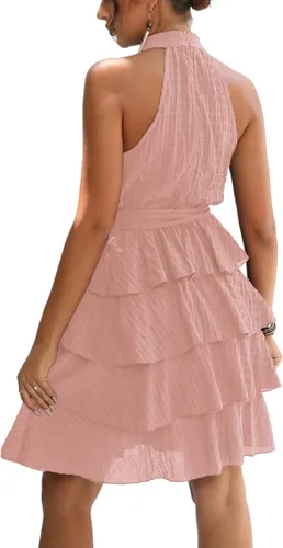 Vista 2 de LYANER Vestido corto sin mangas con cuello halter y volantes para mujer