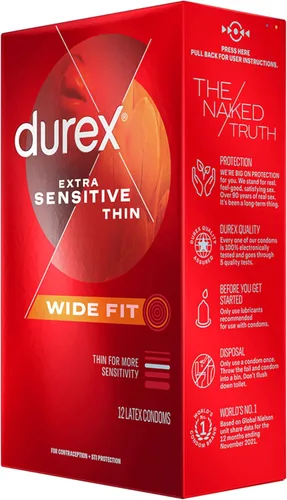 Vista 11 de Durex Preservativos de látex extra sensibles lubricados ultra finos de alta calidad, ajuste ancho, 12