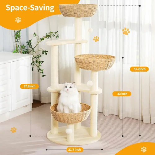 Vista 3 de 52-Inch Cat Tree Tower for Large Cats with Woven Basket Beds Three woven beds, multi-level platforms and sisal posts provide climbing, scratching