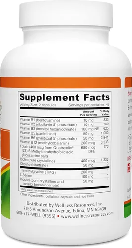 Vista 5 de Wellness Resources Super Coenzyme B Complex - Vitaminas B altamente absorbibles + metilfolato para energía, estrés, cabello (90 cápsulas)