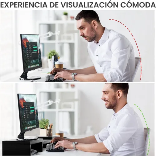 Vista 5 de TAVR - Soporte para monitor doble, organizador de escritorio de oficina para 2 monitores, longitud y ángulo ajustables, 3 estantes, soporte