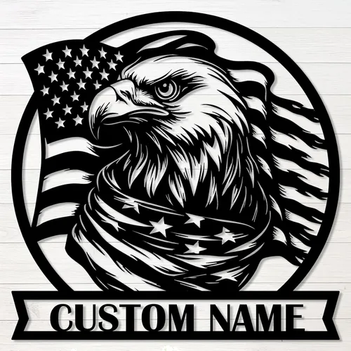 Vista 11 de Letrero de metal personalizado de águila y bandera estadounidense, arte de pared patriótico con nombre personalizado, decoración de hierro