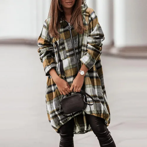 Vista 7 de Camisa estampada a cuadros para mujer, con cremallera, manga larga, con capucha, chaqueta irregular