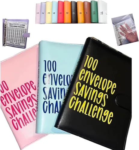 Vista 3 de Topaliving Carpeta de desafío de sobres de 100 días, forma fácil y divertida de ahorrar $5,050, carpeta de presupuesto con sobres de efectivo Azul