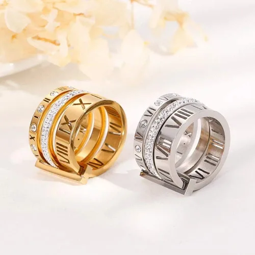 Vista 3 de Anillo de acero inoxidable con circonita cúbica y número romano para mujer, 3 en 1, anillos de boda Trinity