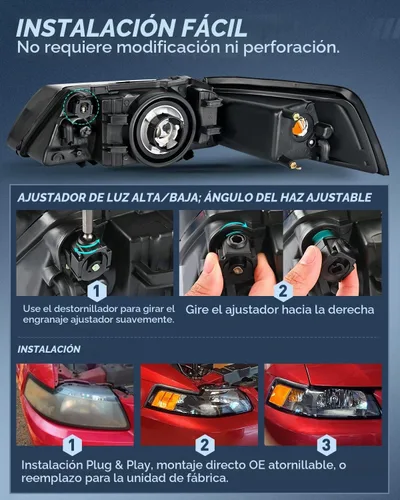 Vista 7 de Nilight Conjunto de faros delanteros para Ford Mustang 1999 2000 2001 2002 2003 2004 repuesto carcasa negra reflector ámbar lado conductor y pasajero