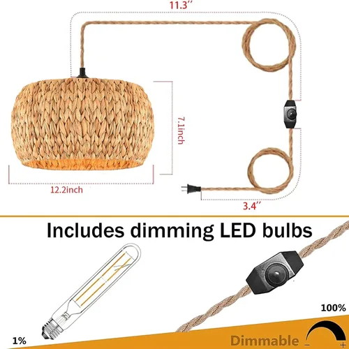 Vista 5 de ZECOXOL Lámparas colgantes enchufables con pantalla de lámpara tejida de ratán, luces colgantes bohemias con cable enchufable, interruptor