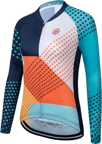 Vista 2 de Camiseta de ciclismo de manga larga para mujer, con 3 bolsillos traseros, transpirable, de secado rápido