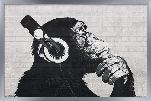 Vista 10 de Trends International Chimp with Headphones on Wall Wall Poster, 14.725" x 22.375", Barnwood Framed Version