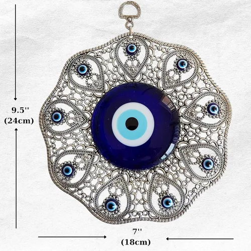 Vista 2 de Adorno colgante de pared azul de cristal turco de ojo turco - Decoración de metal para el hogar - Amuleto turco - Protección y dije de buena suerte