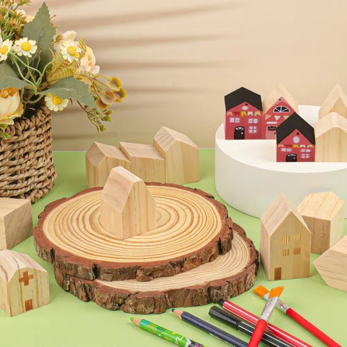 Vista 4 de 56 bloques de madera sin terminar de varios tamaños, casas de madera para manualidades, bloques de madera con forma de flecha para proyectos