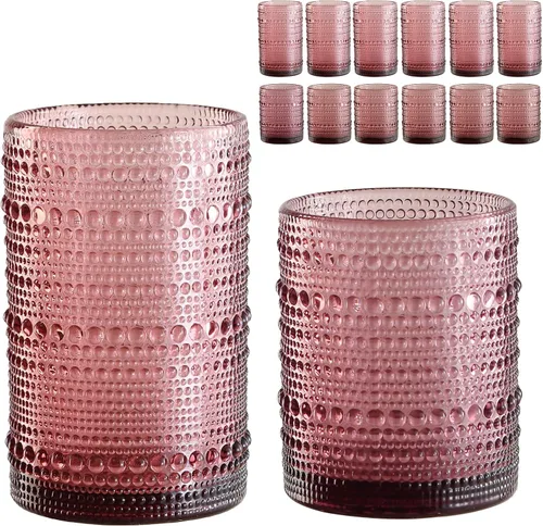 Vista 9 de ZMOWIPDL Juego de Cristalería Vintage de 12 Vasos para Beber, Azul 12oz y 15oz Vasos de Vidrio Hobnail, Vaso de Agua en Relieve, para Cerveza