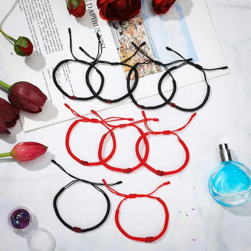 Vista 7 de 10 pulseras a juego para parejas, nudos, rojo, negro, pulsera de cuerda del destino de larga distancia, regalo de buena suerte para novia, novio