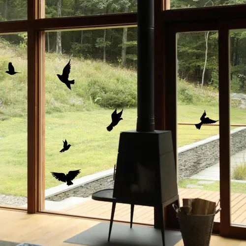Vista 7 de Adhesivos para ventanas con forma de pájaro negro grande anticolisión, evita golpes de pájaros, salva, protege a los pájaros, calcomanías de ventana
