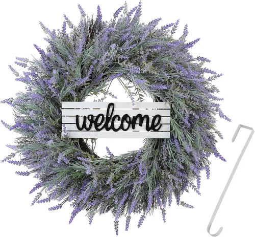 Vista 2 de Coronas de primavera de 24 pulgadas para puerta delantera, corona artificial de lavanda con letrero de bienvenida y colgador, morado