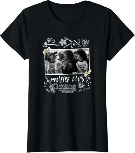 Vista 6 de Stranger Things Camiseta con foto de grupo de 4 Hellfire Club Yearbook, Negro, S