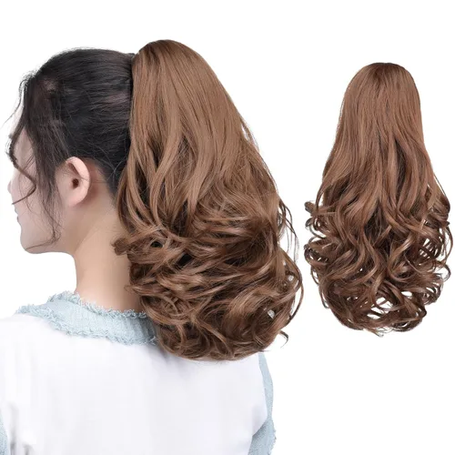 Vista 25 de Extensiones de cola de caballo, extensiones de cabello de cola de caballo con clip de garra marrón oscuro para mujer, pieza de cabello rizado