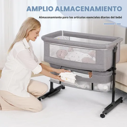 Vista 4 de Semphis Cuna para bebé, cuna 3 en 1, cama de noche de altura ajustable con modo mecedor, malla transpirable, cesta de almacenamiento, ruedas, fácil