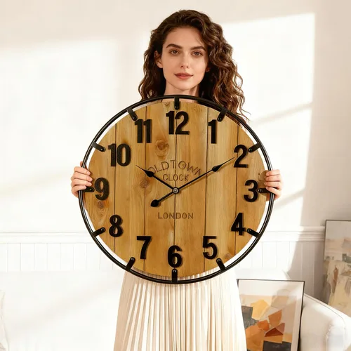 Vista 2 de Vantic Farmhouse - Reloj de pared decorativo extra grande de 24 pulgadas con círculo de metal, reloj de pared de madera de gran tamaño con número