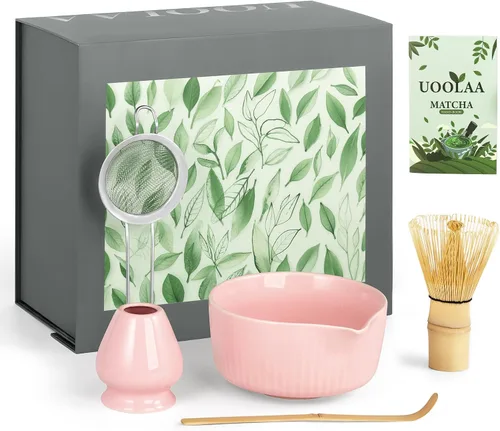 Vista 10 de Juego de té matcha tradicional, juego completo de 8 piezas con cuenco de cerámica Chawan con boquilla, batidor de bambú y soporte, cuchara, tamiz