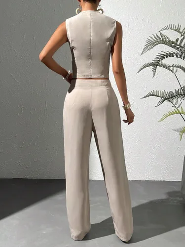Vista 2 de WDIRARA Conjunto de 2 piezas para mujer, chaleco con botones frontales, sin mangas, cuello en V, chaqueta y pantalones