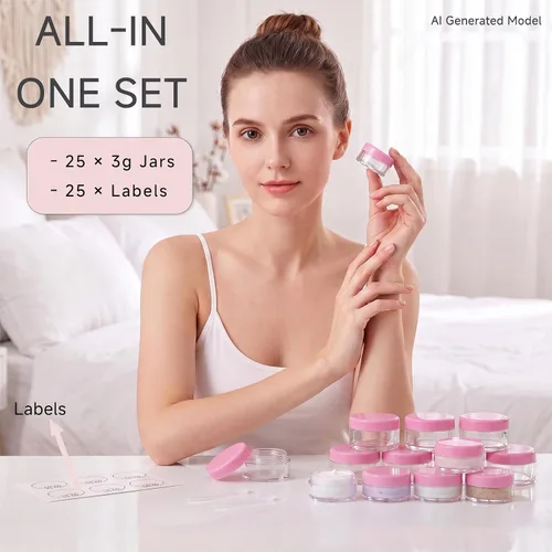 Vista 3 de Contenedores de cosméticos con tapas, tarros de loción de plástico, tarros para muestras, con tapa rosa, 0.2 oz, 25 unidades, Tarro de 3 gramos.