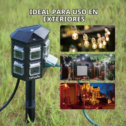 Vista 6 de TiFFCOFiO Tira de alimentación para exteriores resistente a la intemperie, cable de extensión de 15 pies con estaca, 6 tomas de tierra