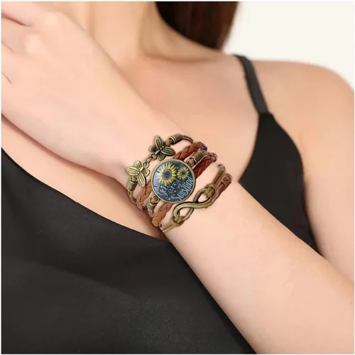 Vista 5 de Pulsera de cuero con girasol para mujeres, adolescentes, niñas, con texto en inglés "You are My Sunshine", pulseras bohemias para esposa, hija
