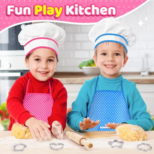 Vista 6 de Toyze Regalos para niñas de 3 a 8 años, juego de cocina para niños con delantal, sombrero de chef, libro de cocina, 20 unidades, color rosa