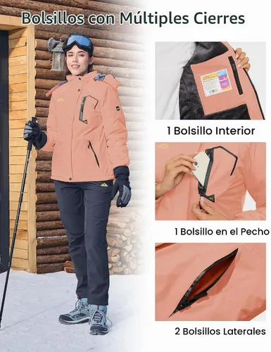 Vista 4 de MAGCOMSEN Chaqueta de Esquí para Mujer Impermeable Aislada Chaqueta de Nieve Cálida Resistente al Viento Abrigos de Invierno con Capucha Chaqueta
