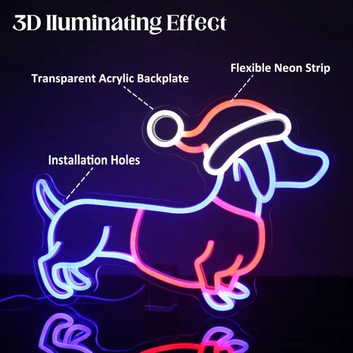 Vista 5 de Letrero de neón de perro salchicha con sombrero de Navidad, letrero LED de neón de perro salchicha, luces de neón de perro salchicha