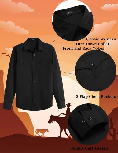 Vista 5 de COOFANDY Camisas vaqueras occidentales de manga larga de algodón con botones y bolsillos para hombre