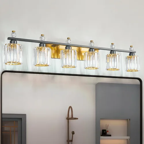 Vista 14 de Luces de Tocador de Baño de 3 Luces, Placado Negro, Modernas Luces de Tocador de Cristal para Baño, Luces de Tocador de Cristal para Usar Sobre
