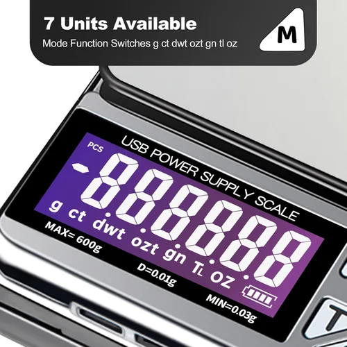 Vista 5 de MEIYA Báscula de monedas, 21.16 oz x 0.00 oz, báscula de joyería con 7 unidades y 3 interfaces de carga, báscula digital portátil de bolsillo