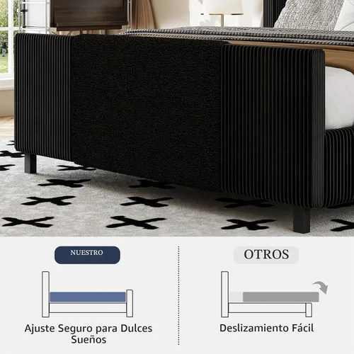 Vista 6 de Lihimte Marco de cama tamaño Queen con cabecera alta y estribo, marco de cama tapizado en bouclé y corduroy con luces LED, marco de cama de Negro