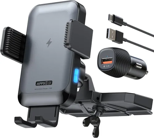Vista 7 de APPS2Car Soporte de cargador inalámbrico para automóvil, ranura para CD, sujeción automática de 15 W, soporte de teléfono de CD de carga rápida