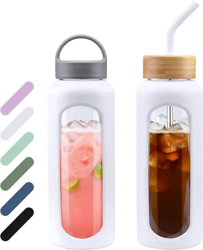 Vista 10 de WINSA - Botella de agua de vidrio de 24 onzas, vaso de vidrio con popote, botellas reutilizables con 2 tapas - Tapa con asa y tapa de bambú