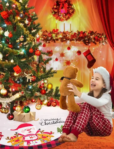 Vista 4 de Falda de árbol de Navidad, 48 pulgadas Falda de árbol de Navidad a cuadros de búfalo rojo y negro, falda de árbol de Navidad rústica gruesa