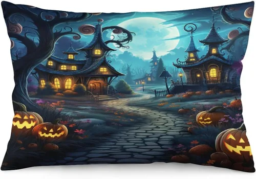 Vista 15 de Fundas de almohada frescas de casa embrujada, castillo, luna, bosque medieval, calabaza, fundas de almohada rectangulares con cremallera invisible