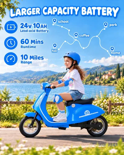Vista 4 de Motocicleta para niños, motocicleta eléctrica de 24 V para niños Azul