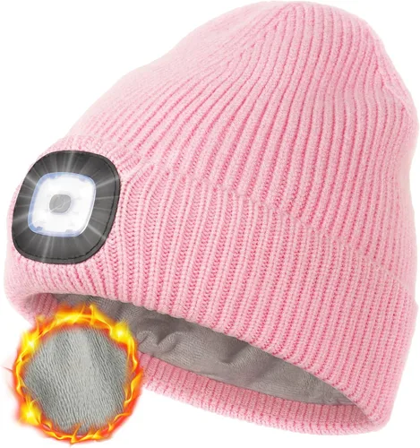 Vista 15 de MELASA Gorro de invierno con forro polar LED, recargable por USB, gorro cálido con luz integrada, regalos para hombres, papá, esposo, él