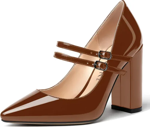 Vista 34 de MERRORI Vestido sólido con correa ajustable para mujer, con hebilla de patente, puntera puntiaguda, tacón alto, zapatos de 4 pulgadas Beige