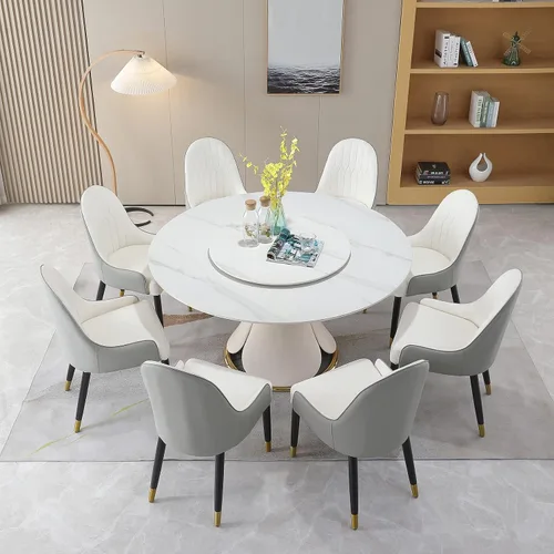 Vista 3 de Mesa de comedor redonda moderna de 59 pulgadas con suspensión perezosa desmontable de 31.5 pulgadas, mesa de comedor de mármol de piedra sinterizada