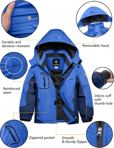 Vista 6 de GEMYSE Chaqueta de esquí impermeable para niños, chaqueta de invierno a prueba de viento con capucha